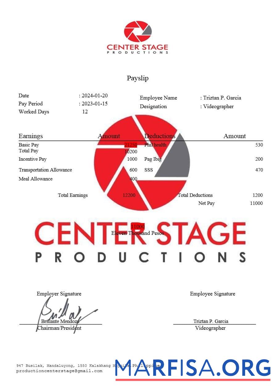 Printable Center Stage Productions payslip download for verification